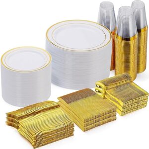 Goodluck 600 pieces gold disposable plates for 100 guests, plastic plates for party, dinnerware set of 100 dinner plates, 100 salad plates, 100 spoons, 100 forks, 100 knives, 100 cups