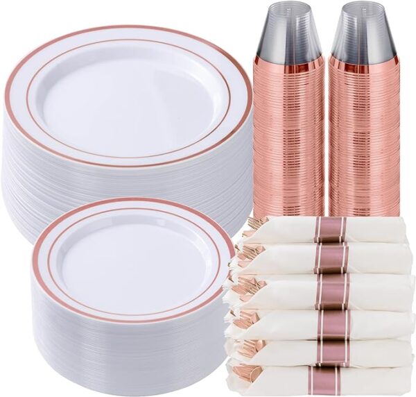 Goodluck 350 piece silver plastic dinnerware set for 50 guests, fancy disposable plates for party, include: 50 dinner plates, 50 dessert plates, 50 pre rolled napkins with silver silverware, 50 cups with rose gold color variation