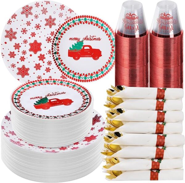 Goodluck 350 piece silver plastic dinnerware set for 50 guests, fancy disposable plates for party, include: 50 dinner plates, 50 dessert plates, 50 pre rolled napkins with silver silverware, 50 cups with christmas variation