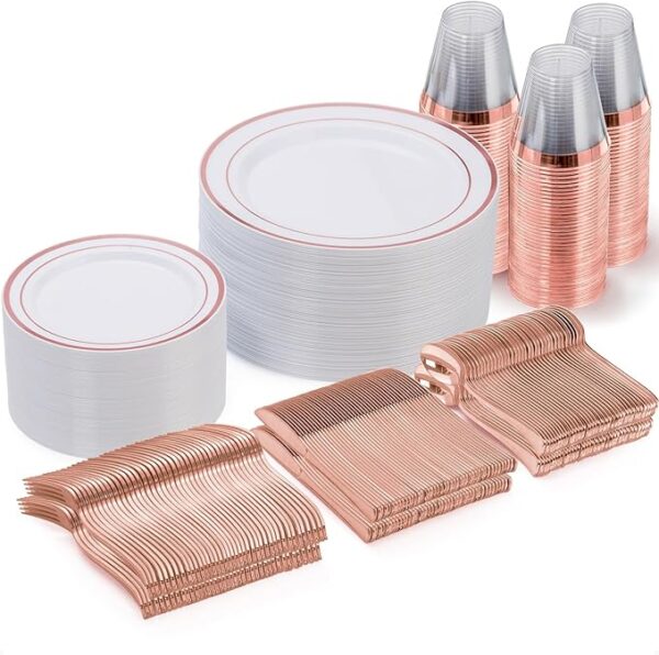 Goodluck 600 pieces gold disposable plates for 100 guests, plastic plates for party, dinnerware set of 100 dinner plates, 100 salad plates, 100 spoons, 100 forks, 100 knives, 100 cups with rose gold color variation