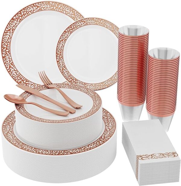 210 count rose gold plastic dinnerware disposable Set