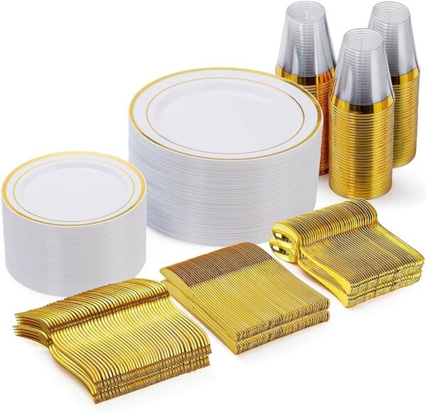 300 pieces gold disposable plates for 50 guests