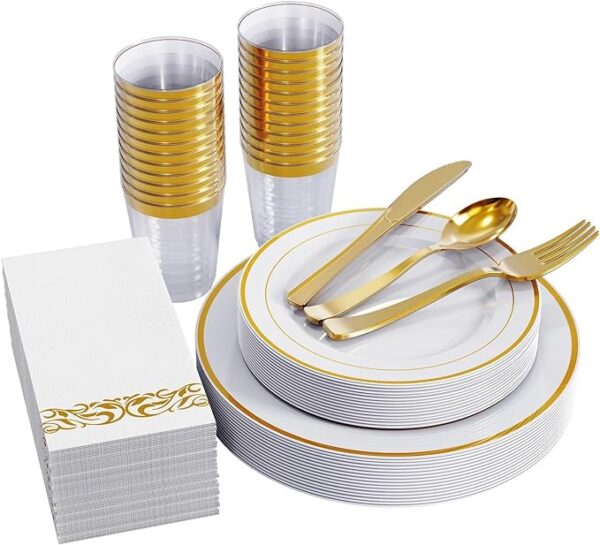 Focusline 175pcs silver dinnerware set for 25 guests, silver rim plastic plates disposable party, including 25 dinner plates, 25 dessert plates, 25 cups, 25 napkins, 25 forks, 25 spoons, 25 knives with gold color variation