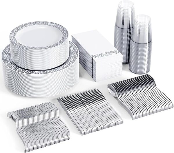 Focusline 350pcs silver dinnerware set for 50 guests, silver lace plastic plates disposable heavy duty, including 50 dinner plates, 50 dessert plates, 50 cups, 50 napkins, 50 silverware set