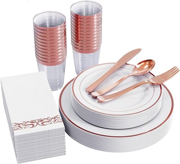 Focusline 175pcs silver dinnerware set for 25 guests, silver rim plastic plates disposable party, including 25 dinner plates, 25 dessert plates, 25 cups, 25 napkins, 25 forks, 25 spoons, 25 knives with rose gold color variation