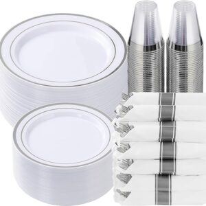 Goodluck 350 piece silver plastic dinnerware set for 50 guests, fancy disposable plates for party, include: 50 dinner plates, 50 dessert plates, 50 pre rolled napkins with silver silverware, 50 cups