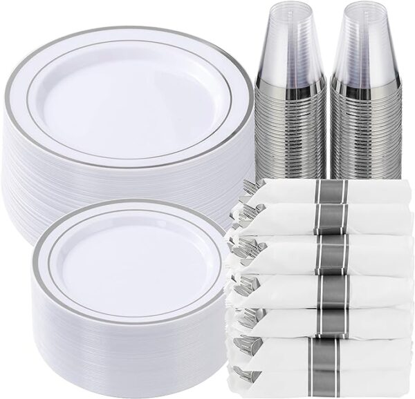 Goodluck 350 piece silver plastic dinnerware set for 50 guests, fancy disposable plates for party, include: 50 dinner plates, 50 dessert plates, 50 pre rolled napkins with silver silverware, 50 cups