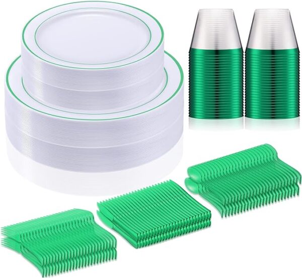 Zubebe 300 Pcs 50 Guests Dinnerware Set 50 Rimmed Plastic Dinner Plates 10 25", 50 Plastic Salad Plates 7.5", 50 Knives, 50 Spoons, 50 Forks, 50 Plastic Cups for Party Wedding Festival Picnics