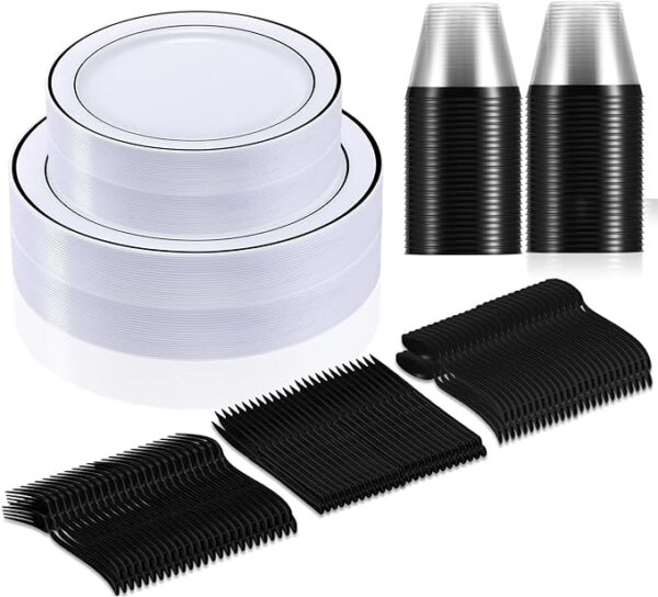 Zubebe 300 Pcs 50 Guests Dinnerware Set 50 Rimmed Plastic Dinner Plates 10 25", 50 Plastic Salad Plates 7.5", 50 Knives, 50 Spoons, 50 Forks, 50 Plastic Cups for Party Wedding Festival Picnics