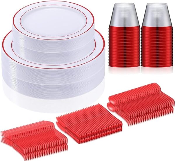 Zubebe 300 Pcs 50 Guests Dinnerware Set 50 Rimmed Plastic Dinner Plates 10 25", 50 Plastic Salad Plates 7.5", 50 Knives, 50 Spoons, 50 Forks, 50 Plastic Cups for Party Wedding Festival Picnics