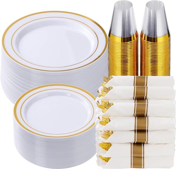 Goodluck 175 piece gold glitter plastic dinnerware set for 25 guests, fancy disposable plates for party, include: 25 dinner plates, 25 dessert plates, 25 pre rolled napkins with silverware, 25 cups with gold color variation