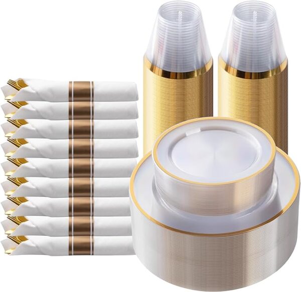 Goodluck 175 piece gold plastic dinnerware set for party, clear disposable plates for 25 guests, include: 25 dinner plastic plates, 25 dessert plates, 25 pre rolled napkins with cutlery set, 25 cups