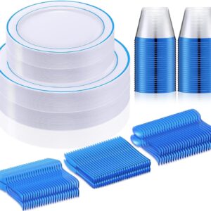 Zubebe 300 Pcs 50 Guests Dinnerware Set 50 Rimmed Plastic Dinner Plates 10 25", 50 Plastic Salad Plates 7.5", 50 Knives, 50 Spoons, 50 Forks, 50 Plastic Cups for Party Wedding Festival Picnics