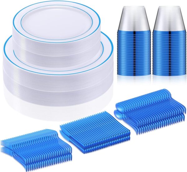 Zubebe 300 Pcs 50 Guests Dinnerware Set 50 Rimmed Plastic Dinner Plates 10 25", 50 Plastic Salad Plates 7.5", 50 Knives, 50 Spoons, 50 Forks, 50 Plastic Cups for Party Wedding Festival Picnics