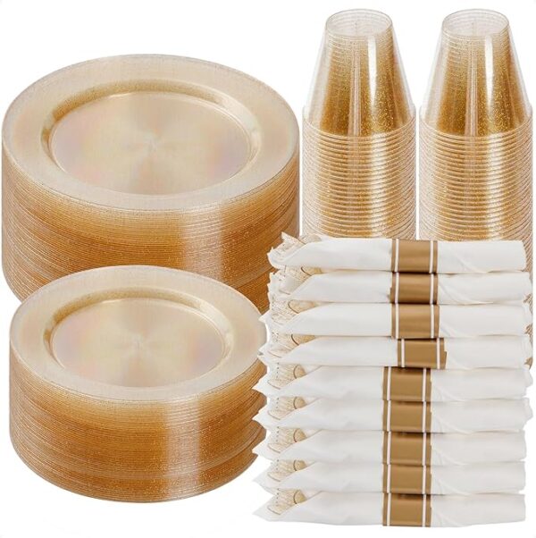 Goodluck 175 piece gold glitter plastic dinnerware set