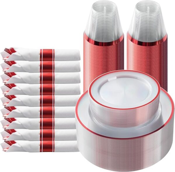 Red dinnerware set for 25 guests